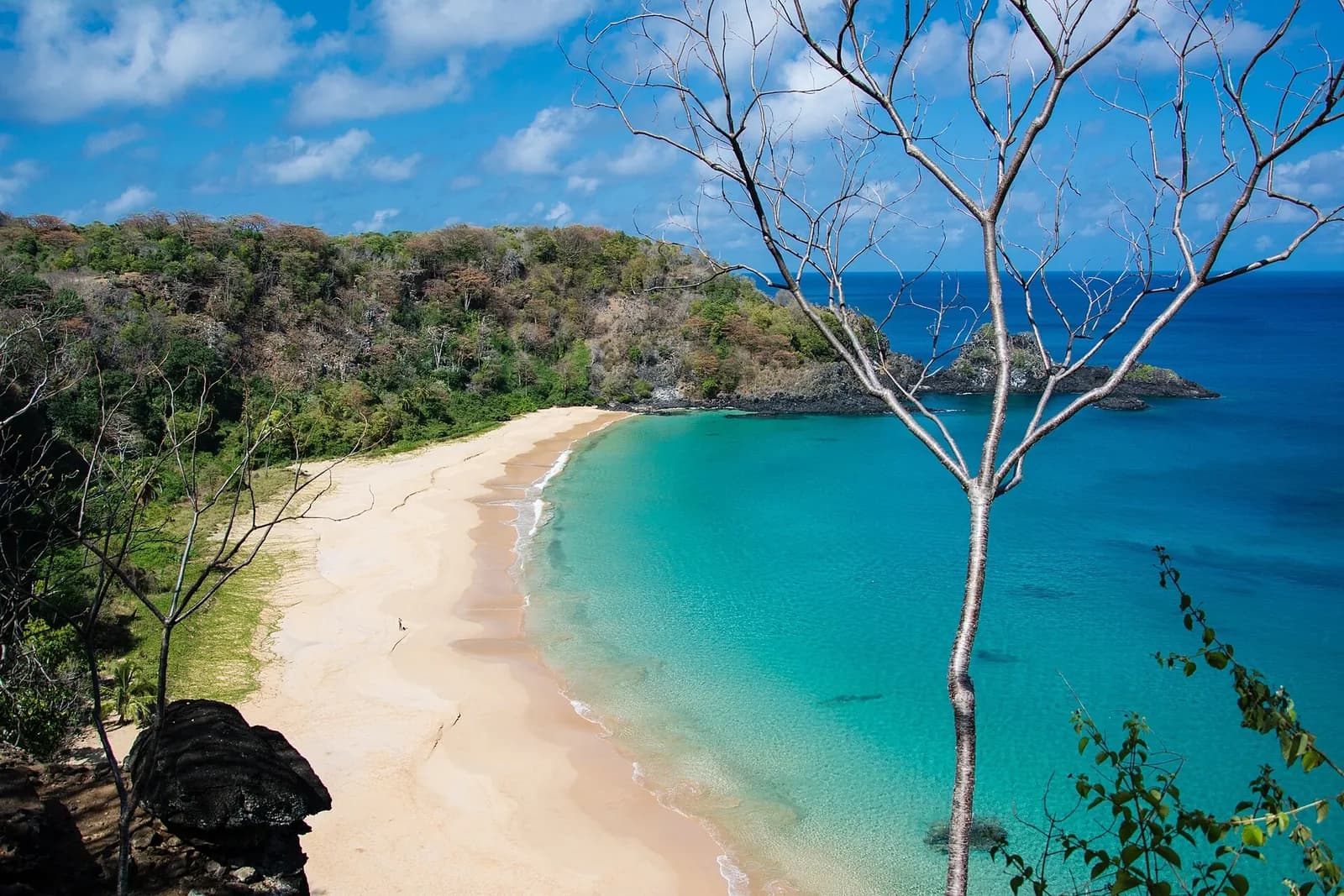 Baia do Sancho, Fernando de Noronha, Brazil - crescent of golden sand and turquoise water below forested cliffs