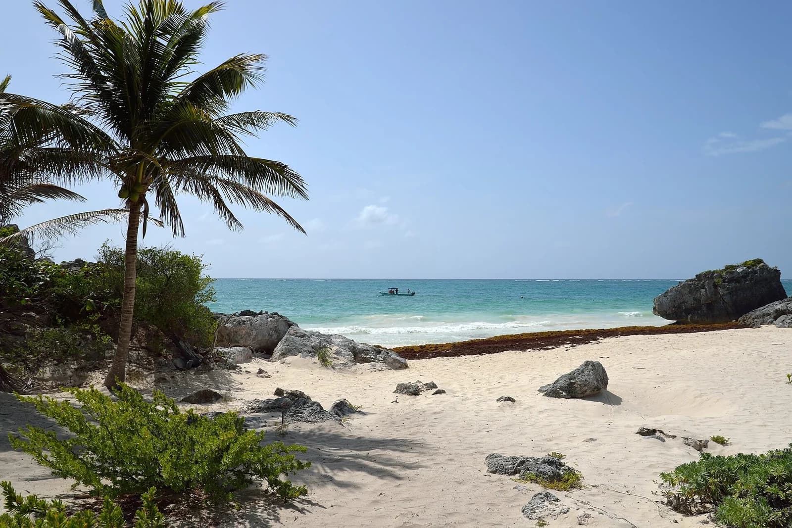Tulum, Quintana Roo, Mexico - a palm shading white sand and turquoise shallows