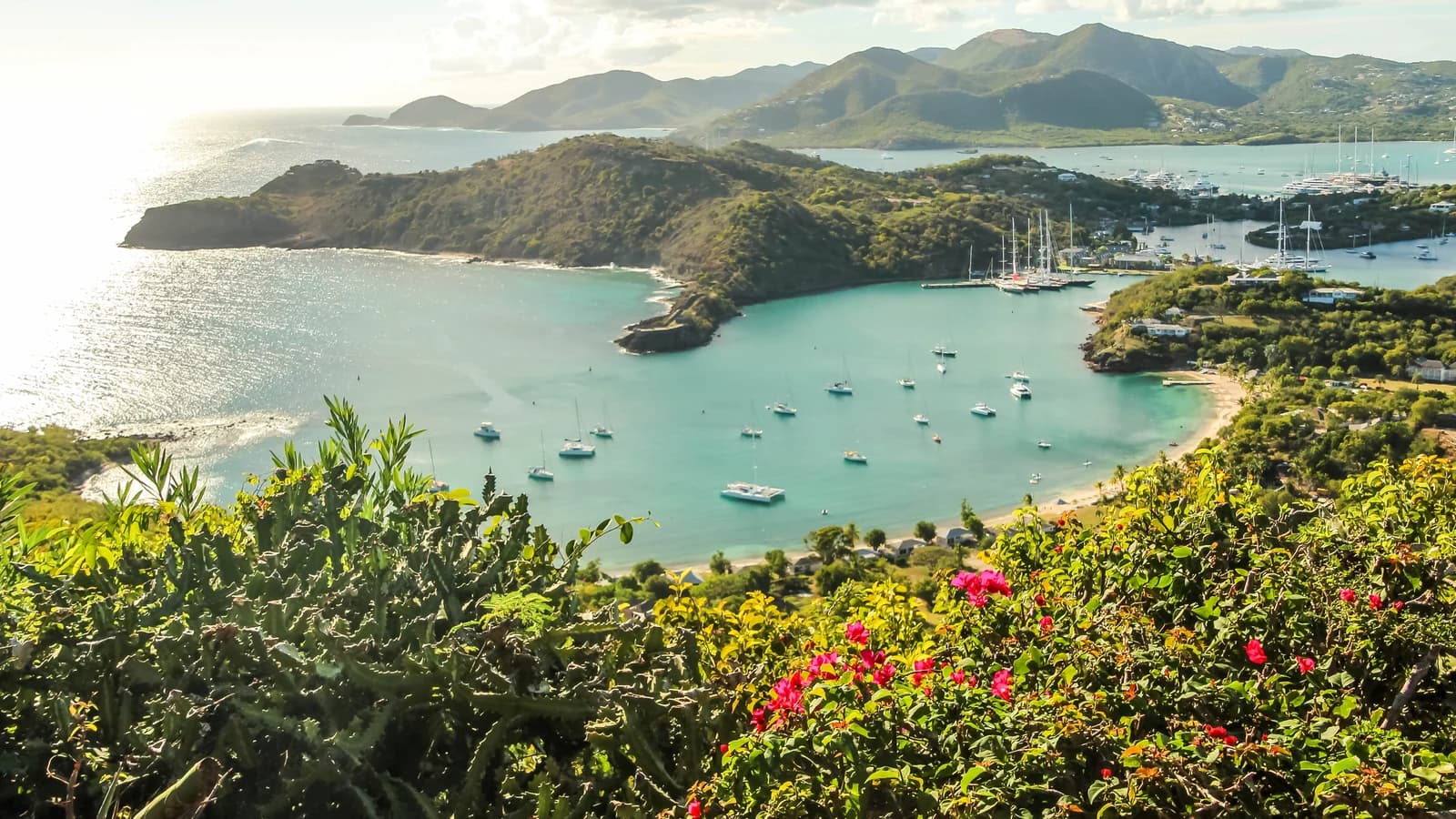 English Harbour and Falmouth Harbour from Shirley Heights, the south-coast view over the bays where several of the best boutique hotels in Antigua sit