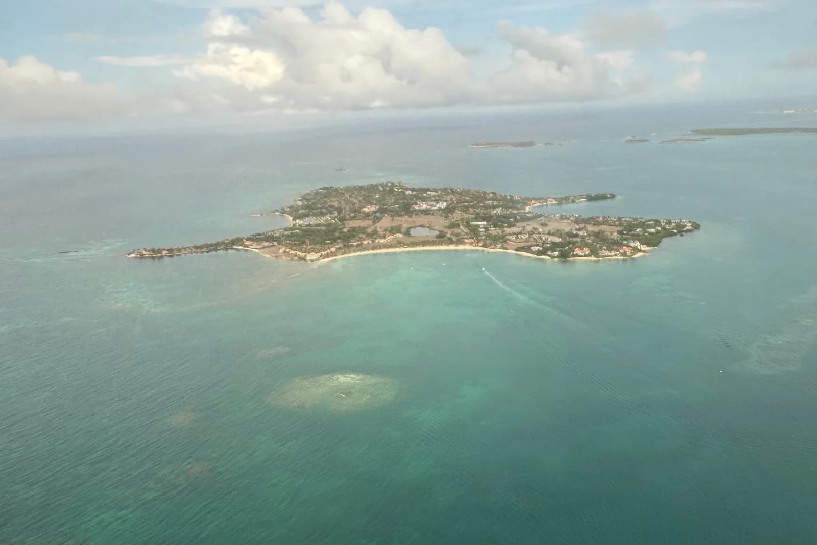 Long Island off Antigua's north-east coast seen from the air, the private island of one of the luxury hotels in Antigua