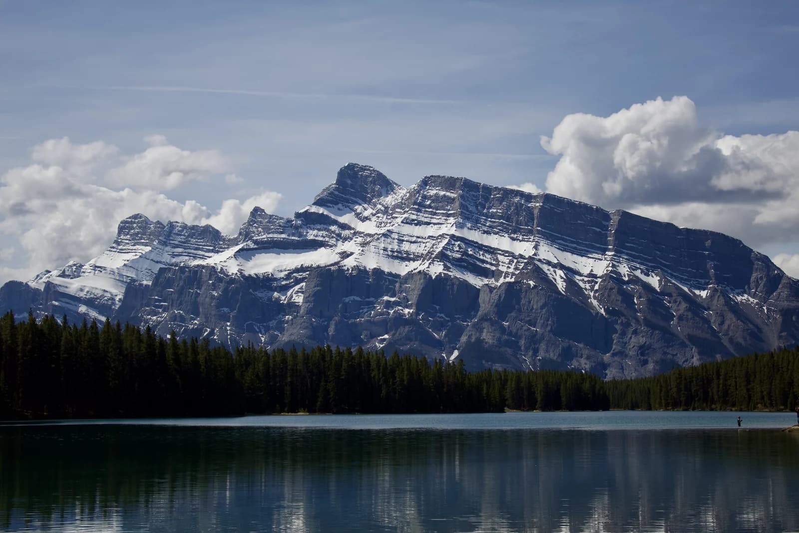 The tilted grey slabs of Mount Rundle across the Bow valley from the town of Banff