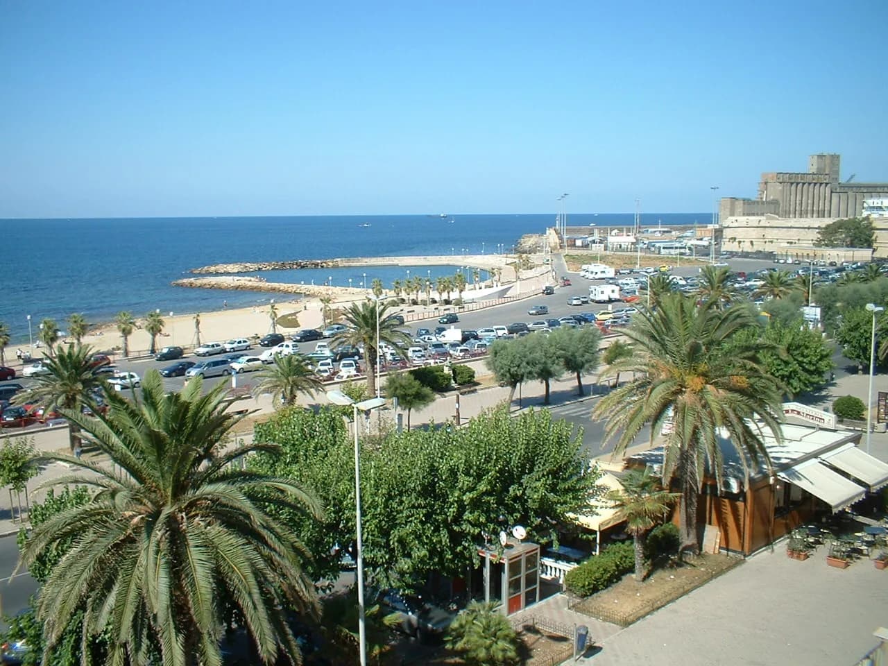 The Civitavecchia waterfront looking along the seafront road towards the port, the stretch the cruise-port hotels sit on