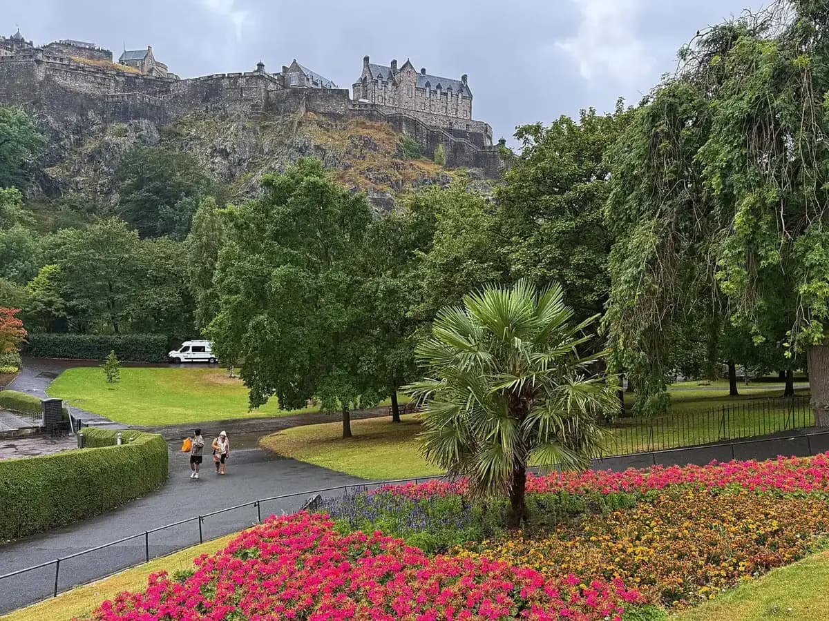 Princes Street Gardens in flower below Edinburgh Castle