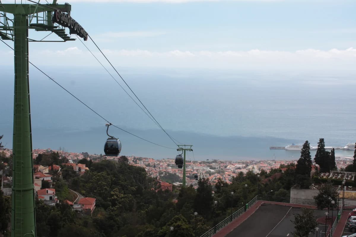 The Monte cable car climbing above Funchal, showing how steeply the hillside hotels sit above the bay