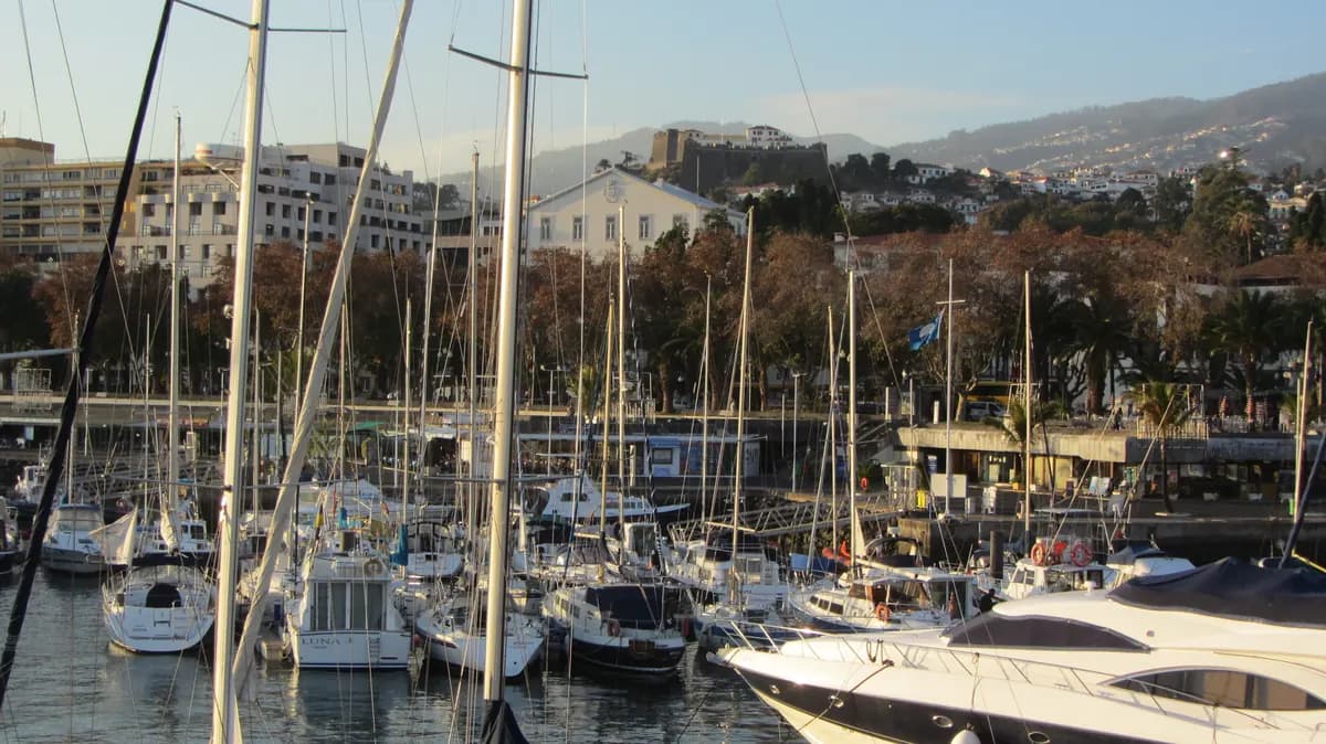 Yachts moored in Funchal marina, the harbour front where the marina-side hotels stand