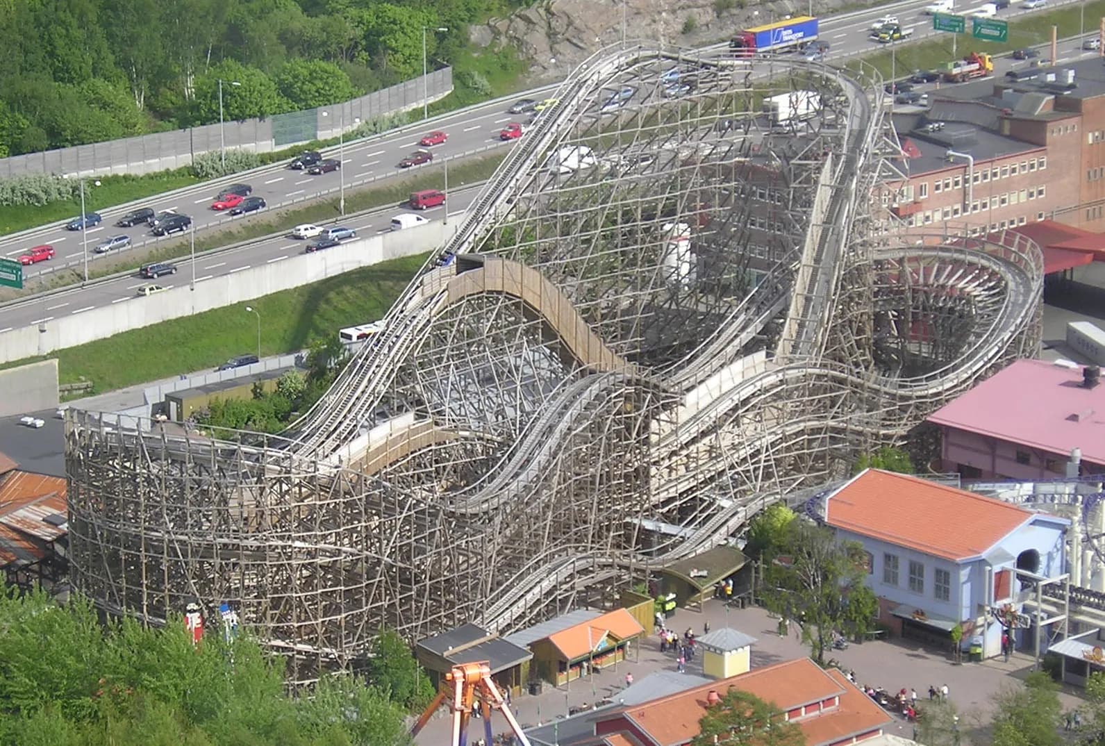 A wooden rollercoaster at Liseberg, the amusement park beside the Korsvagen hotels