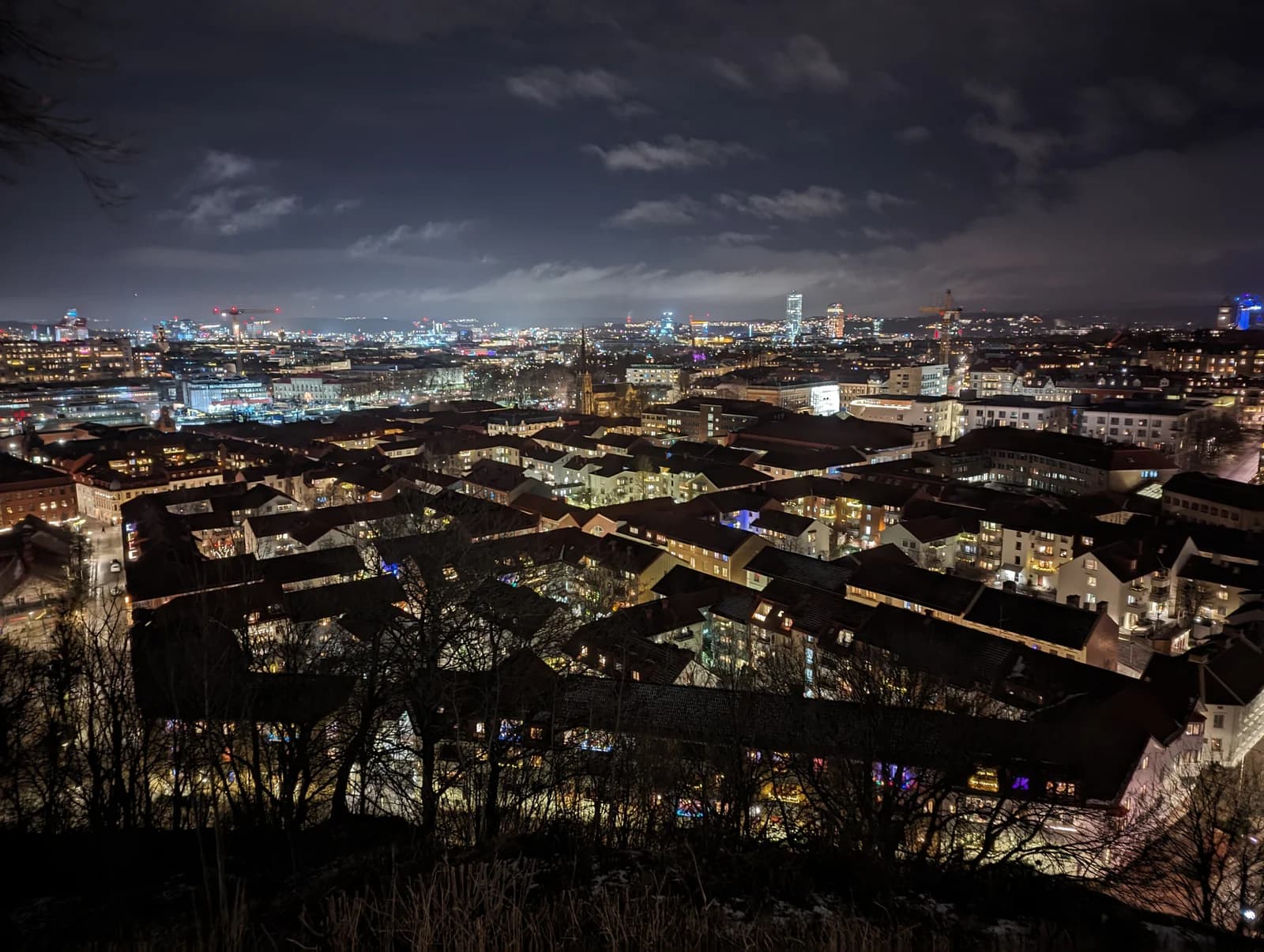 Central Gothenburg lit up at night in January, along the streets inside the old moat