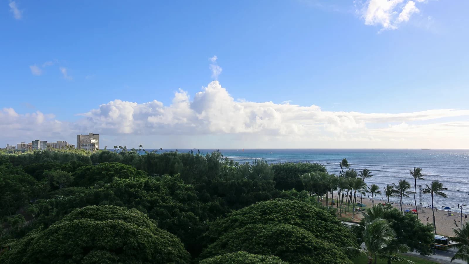 The Waikiki shoreline running east towards the Diamond Head end, away from the hotel strip