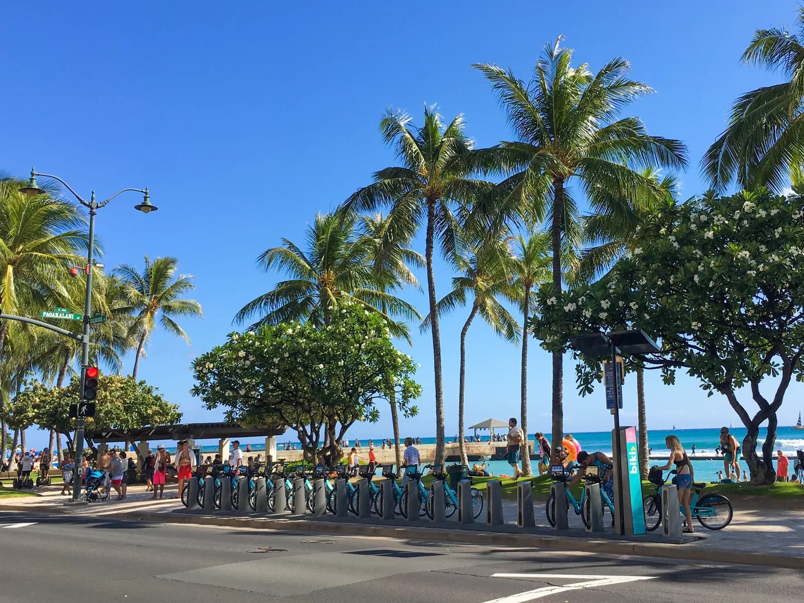 A Biki bike share rack on a Waikiki side street a few blocks back from the beach