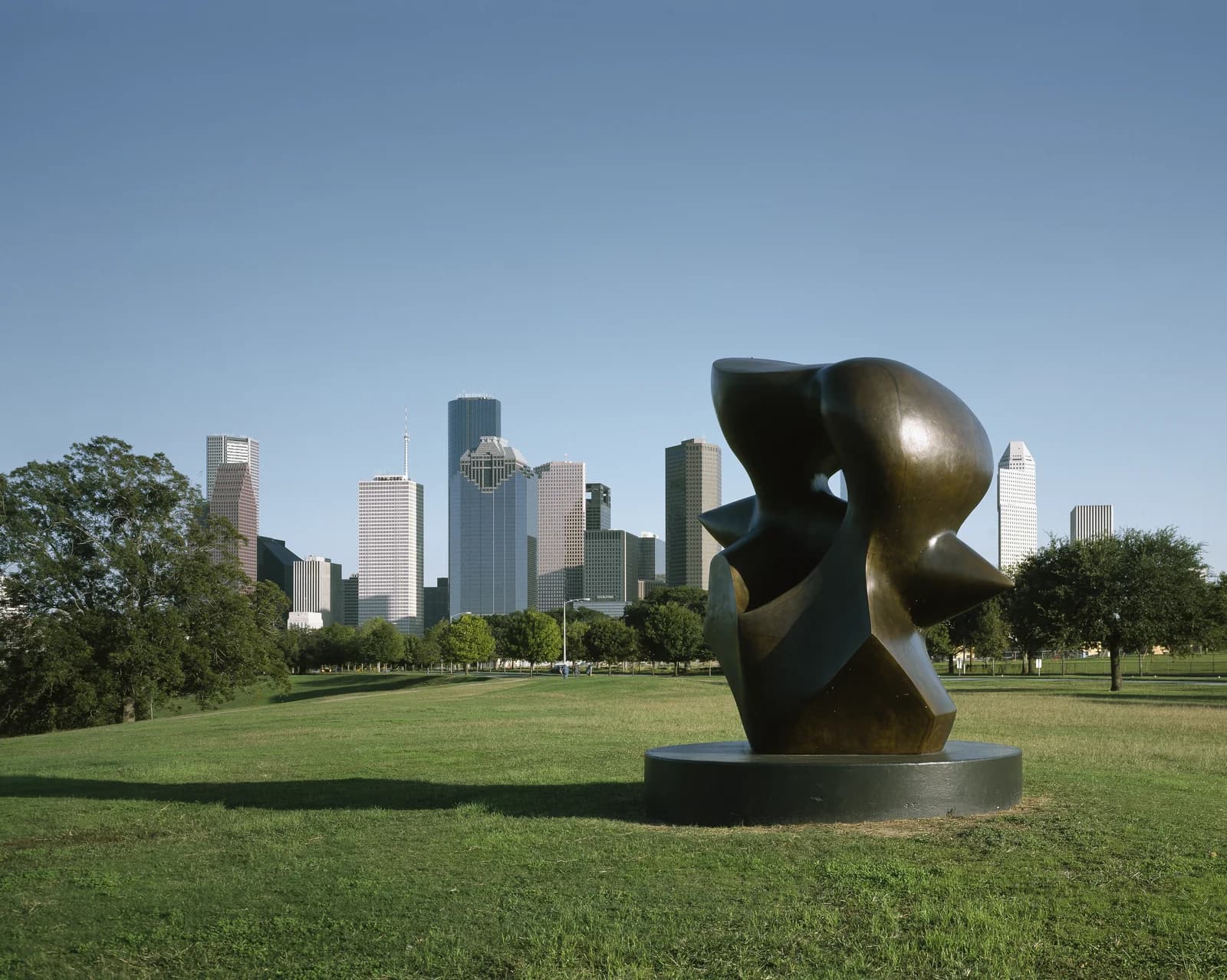 Open lawns and water along Buffalo Bayou Park on the western edge of downtown Houston