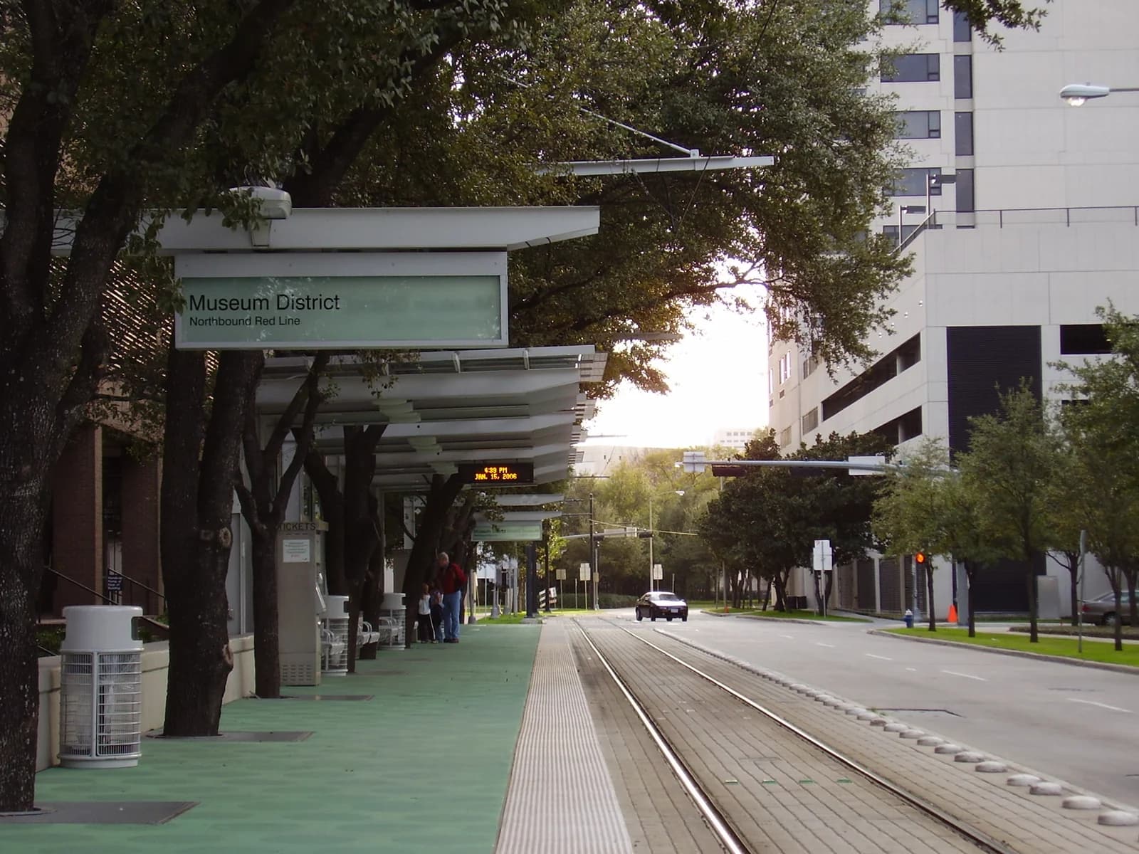 A METRORail train heading north through Houston's Museum District