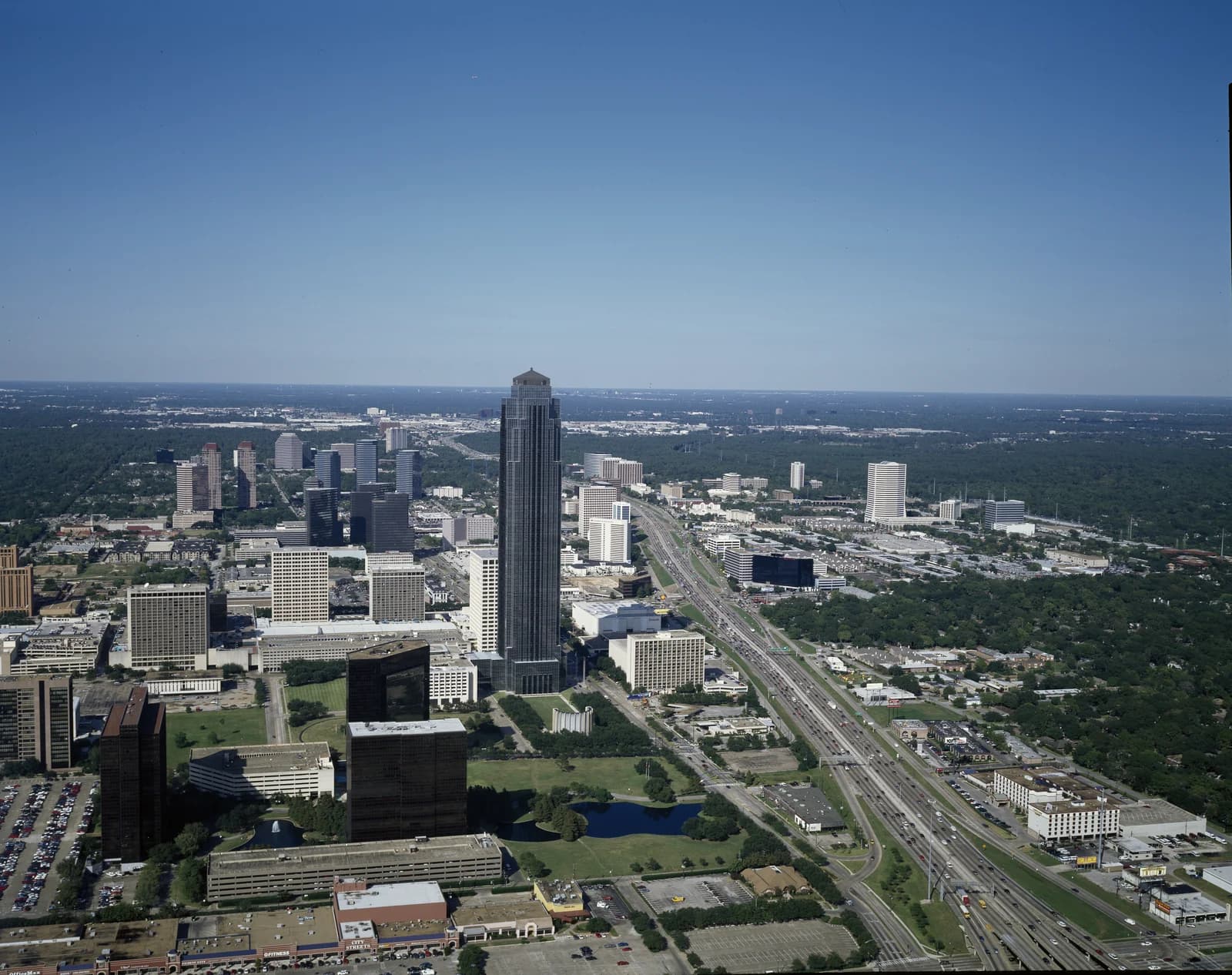 The Williams Tower standing over the Uptown district of Houston, ten kilometres from the nearest train