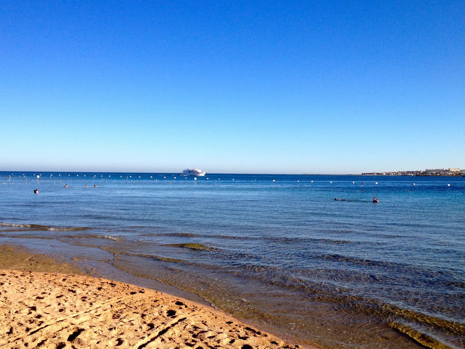 The Red Sea coastline at the southern end of Makadi Bay, where the reef is reached by jetty