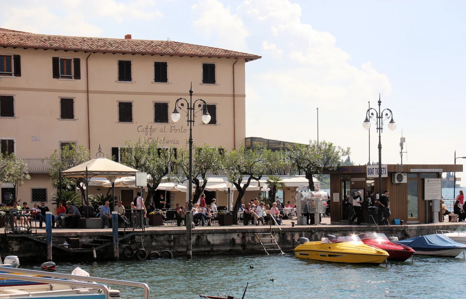 The harbour at Malcesine with the public boat ticket office on the quay