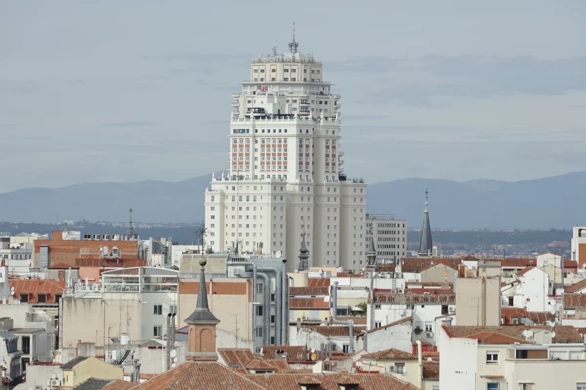The Edificio Espana rising over the rooftops at Plaza de Espana in Madrid