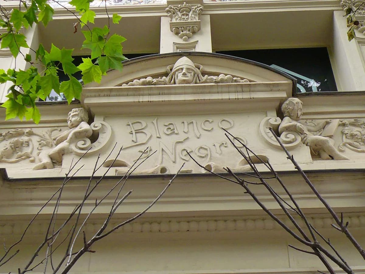 A carved facade on Calle Serrano in Madrid's Salamanca district