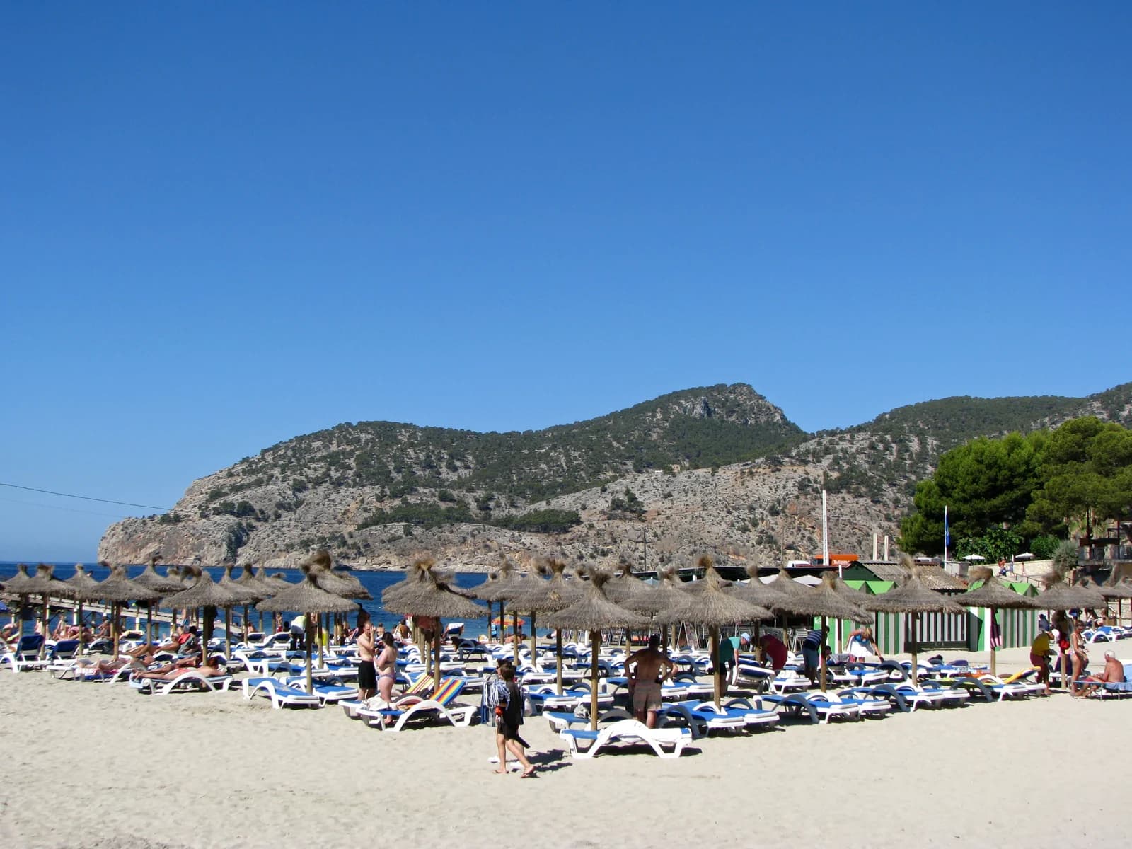 Sun loungers on the sandy public beach at Camp de Mar in south-west Majorca