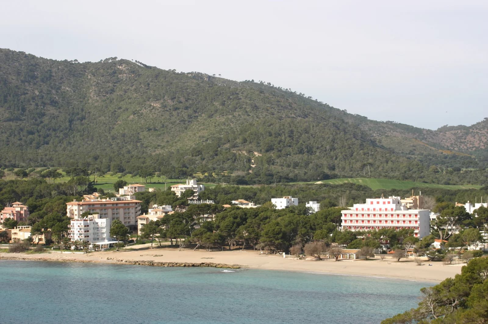 The sandy beach and wooded valley at Canyamel on Majorca's north-east coast