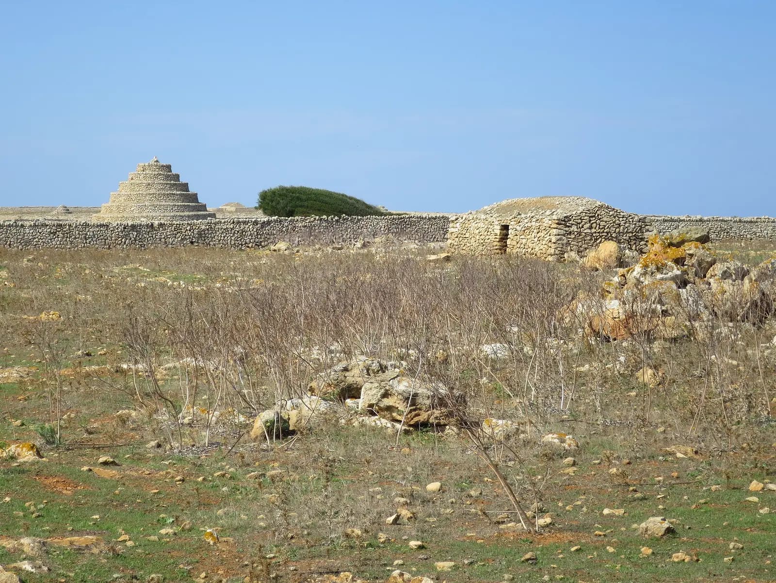 Dry-stone walls and a stepped stone livestock shelter in the countryside of Ciutadella, where the rural estate hotels stand