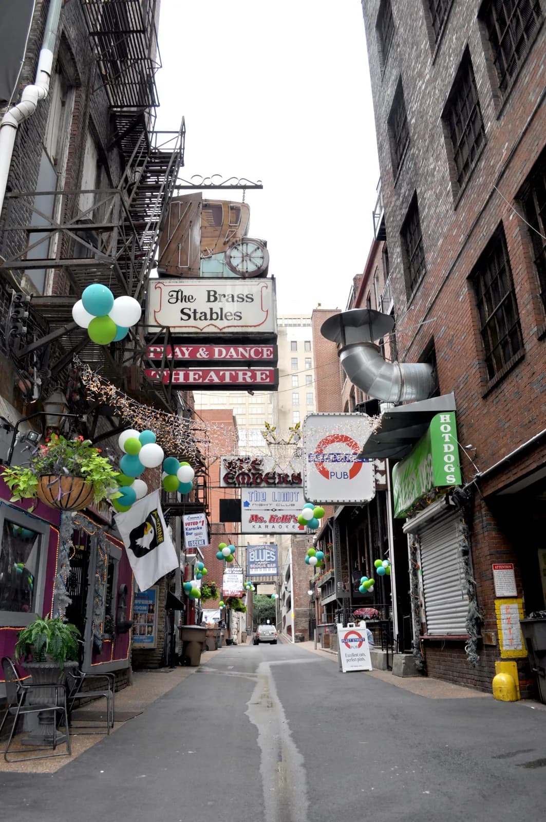 Printers Alley, the lantern-lit lane behind the Bobby Hotel's block downtown