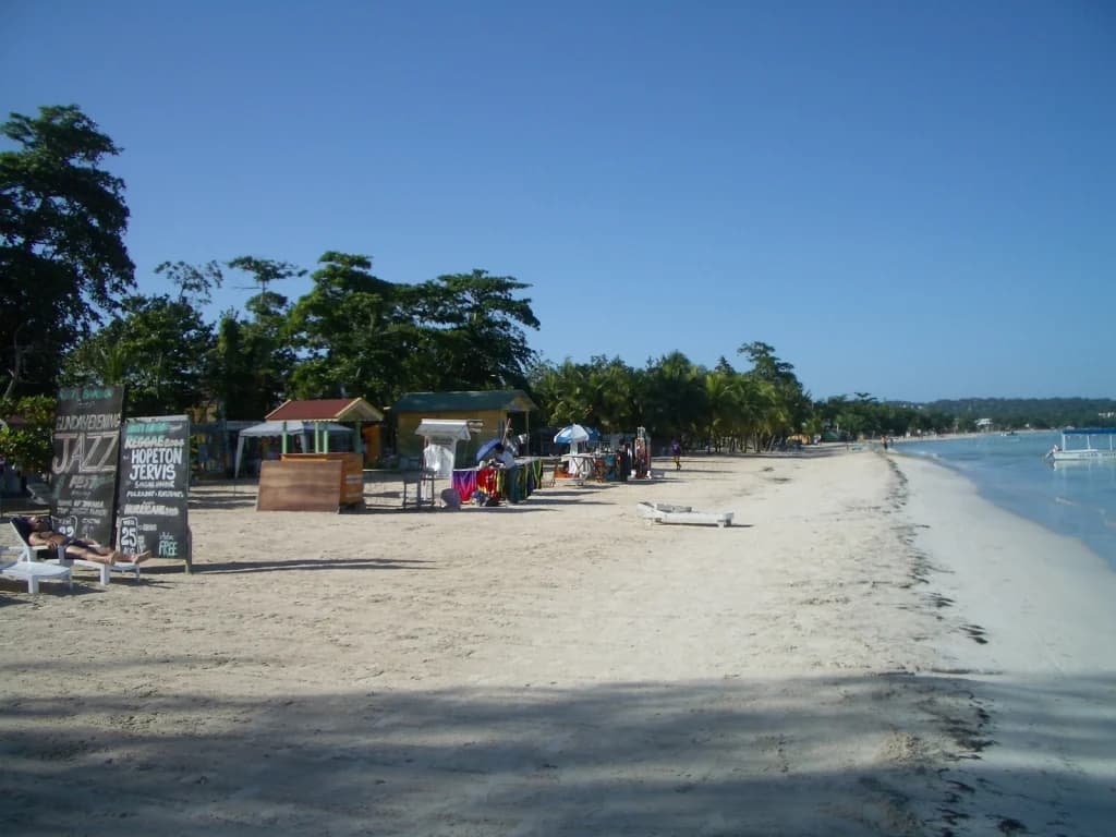 The sand of Seven Mile Beach in Negril curving north under a clear sky