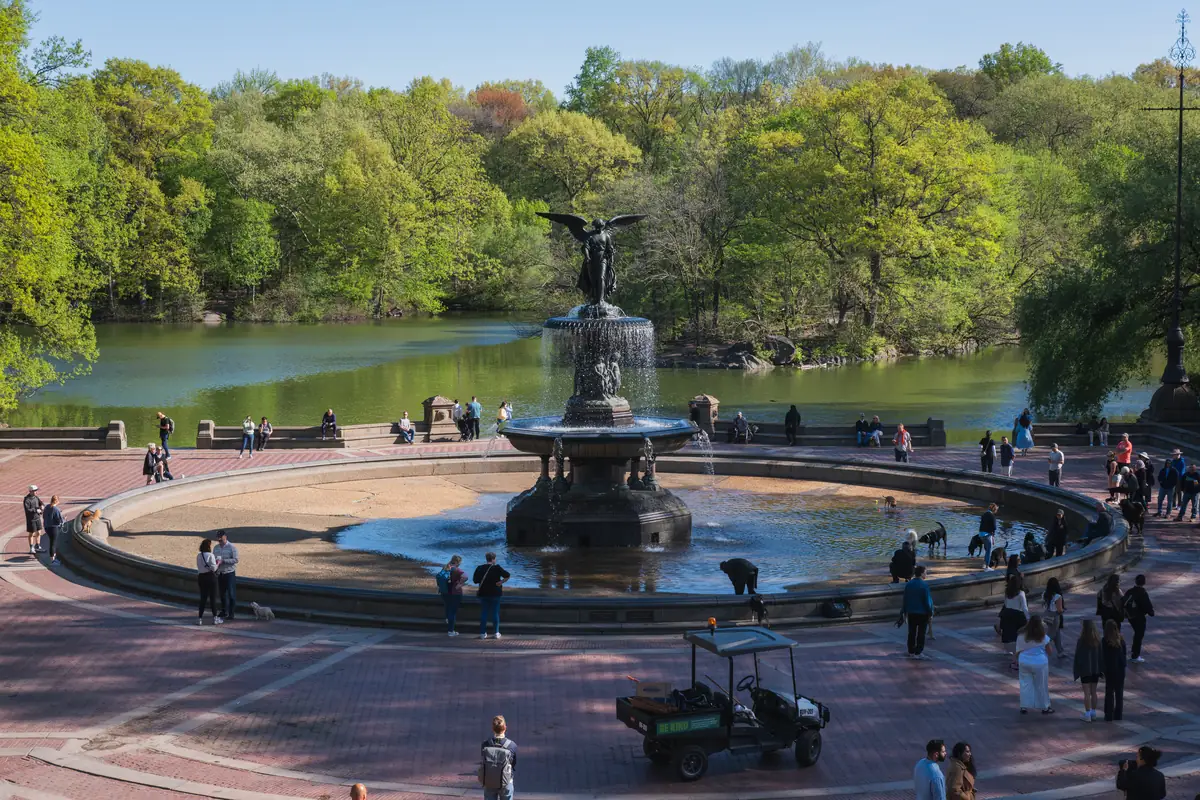 Bethesda Fountain in Central Park, across the road from the Fifth Avenue hotels