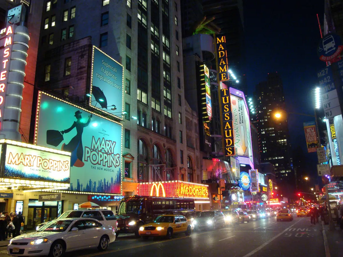 The theatre marquees of West 42nd Street in Manhattan at night