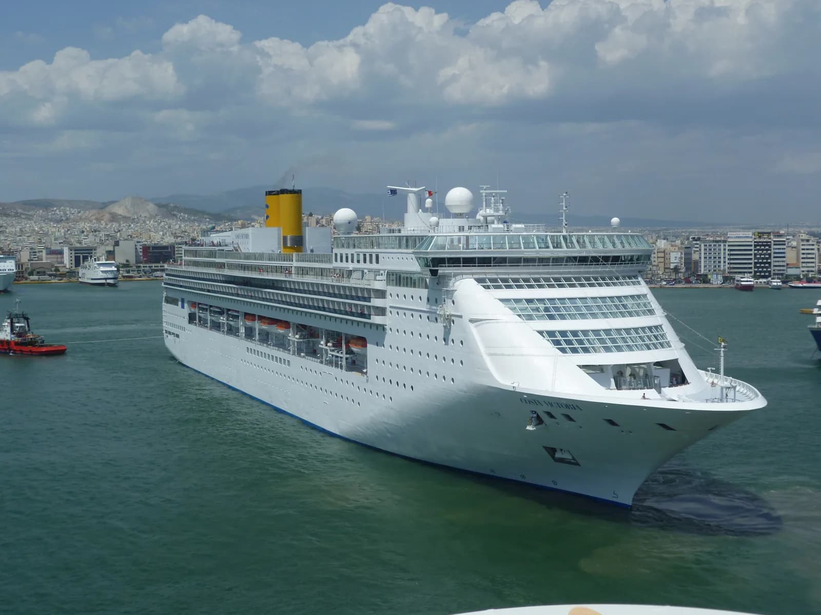 A cruise ship berthed at Piraeus, the port that serves Athens