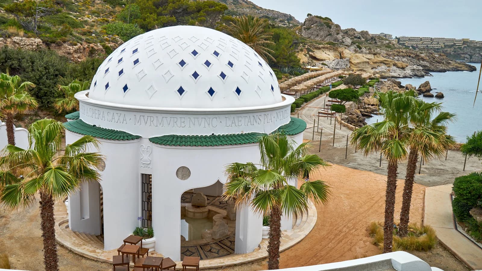 The domed rotunda of Kallithea Springs on the rocky coast between Rhodes Town and Faliraki