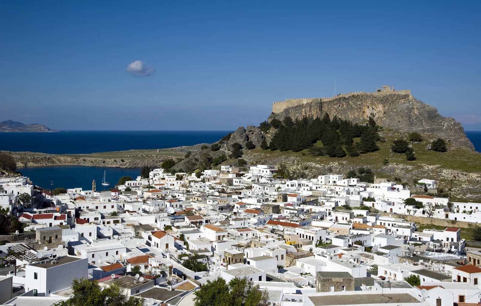 The white houses of Lindos village below its acropolis on the east coast of Rhodes