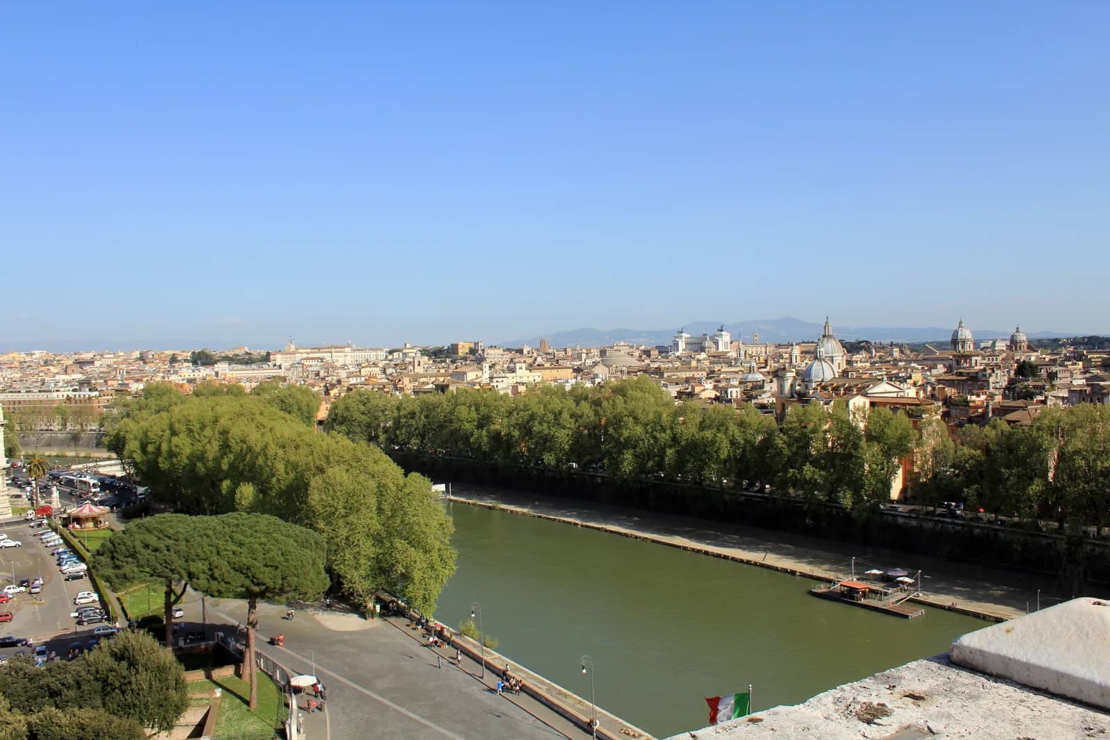 The tree-lined Tiber embankment in central Rome, the river the Lungotevere hotels look onto