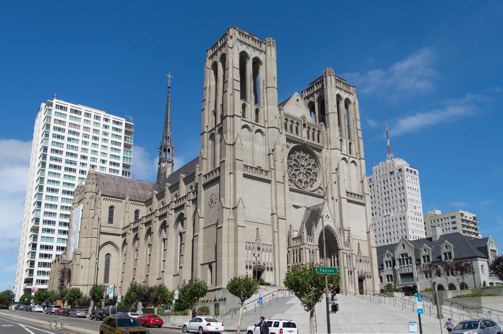 Grace Cathedral's Gothic towers above the Taylor Street steps on Nob Hill