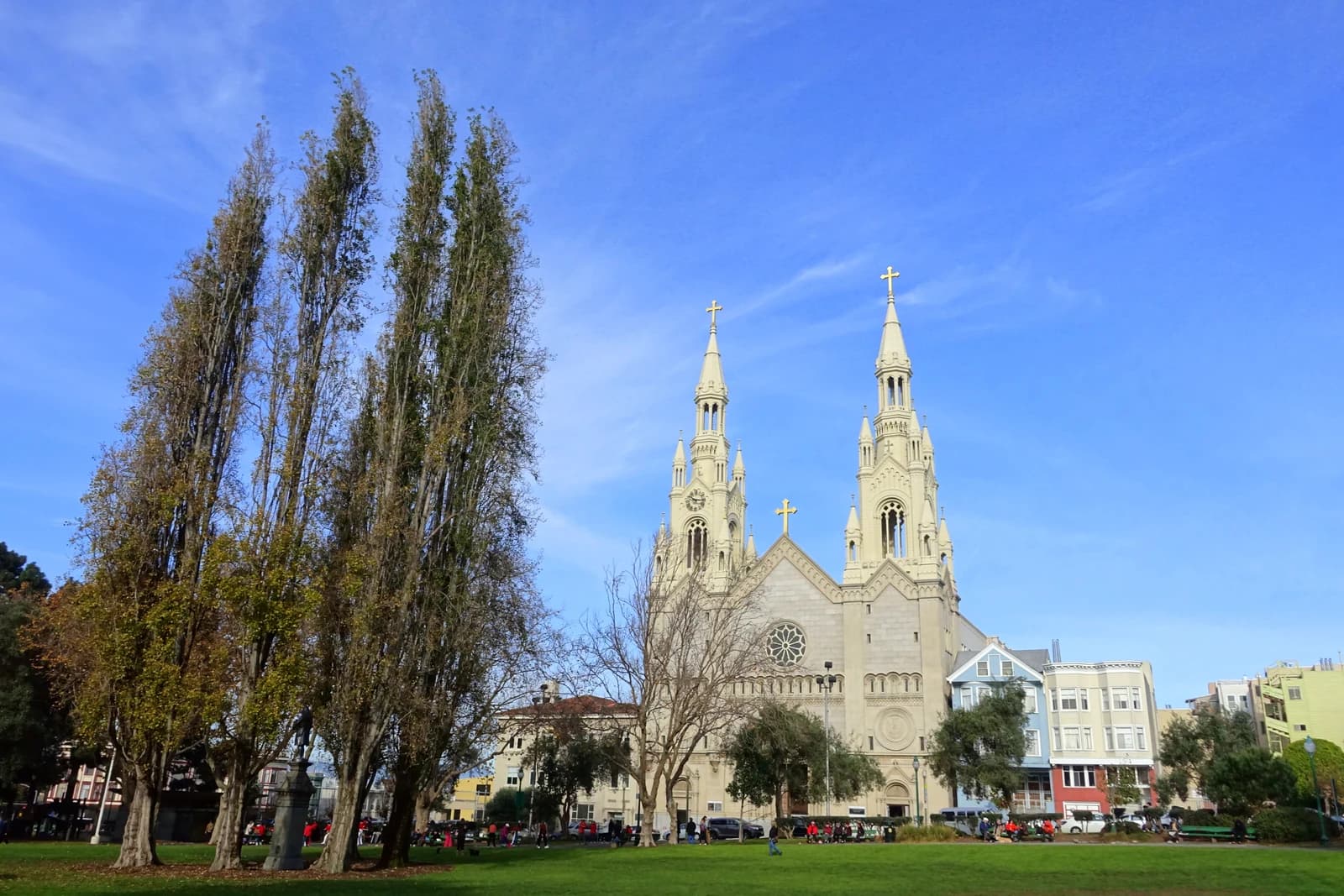 The twin spires of Saints Peter and Paul Church rise over Washington Square in North Beach