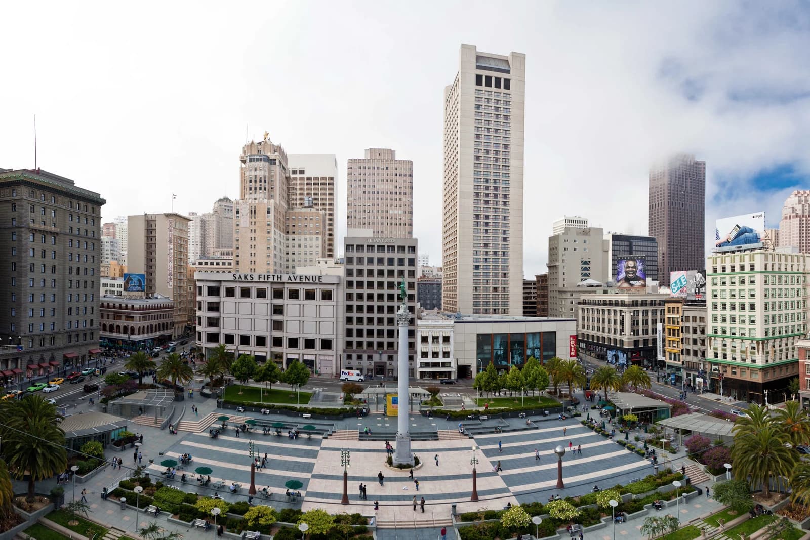 Union Square plaza from above with the Dewey Monument at its centre and downtown towers behind