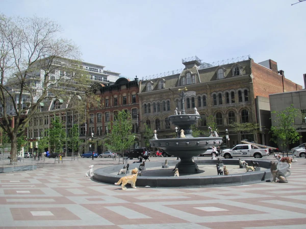 The dog fountain in Berczy Park by The Esplanade in Toronto's St Lawrence district