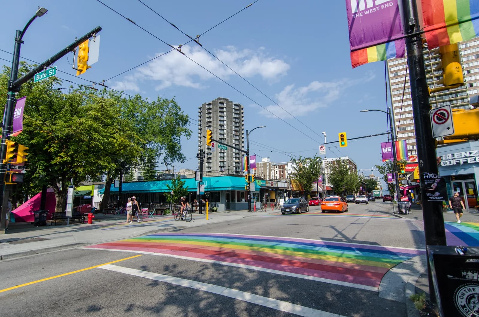 The rainbow crosswalk and Davie Village banners at Davie and Bute Street in Vancouver's West End