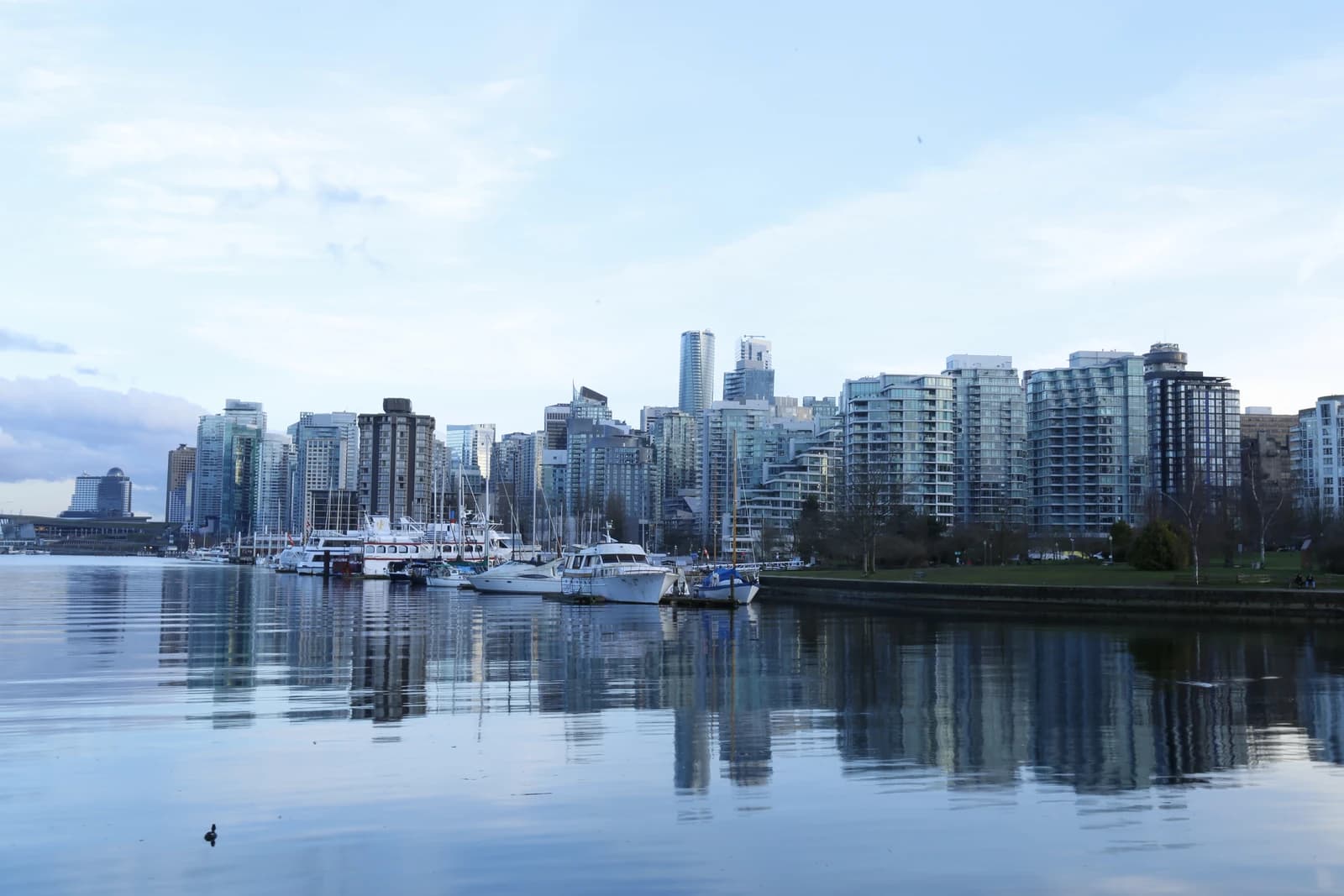 The downtown Vancouver skyline seen across the water of Coal Harbour, with boats at the marina