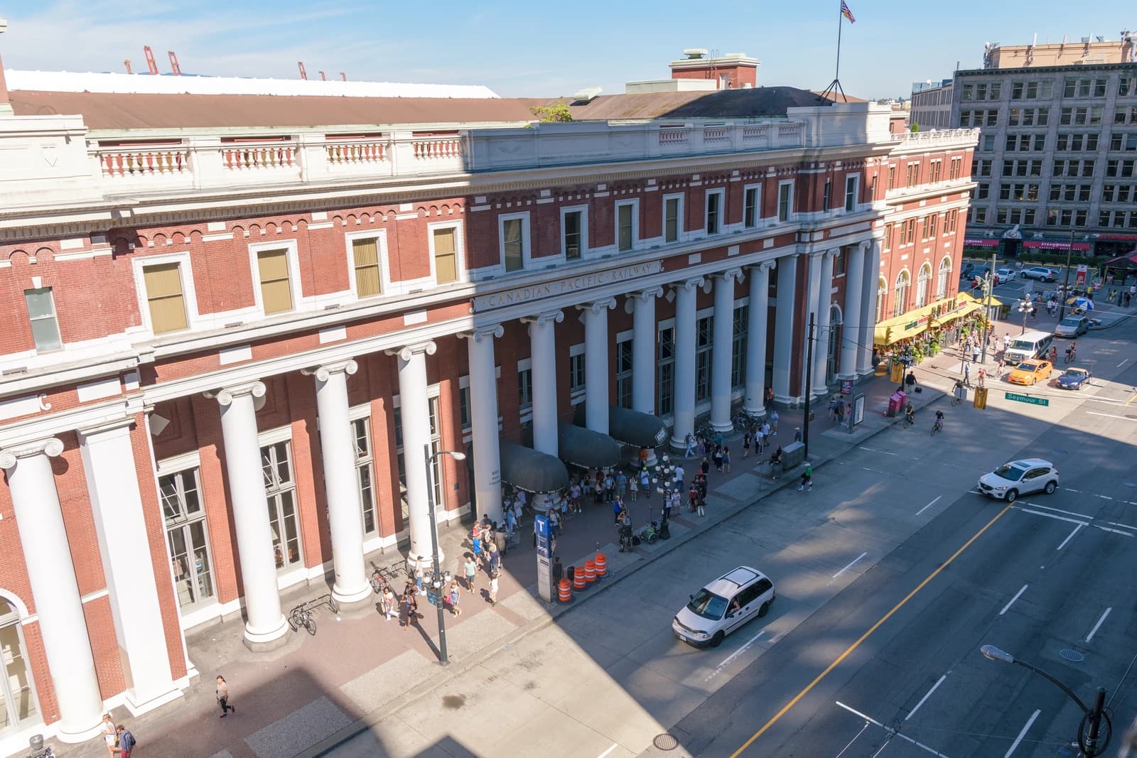 The columned brick front of Waterfront Station at the north edge of downtown Vancouver
