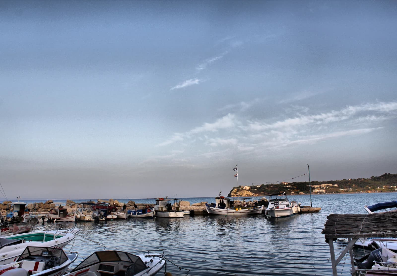Small boats in the harbour at Planos on Tsilivi Bay, where boats can be hired for the Blue Caves and Navagio