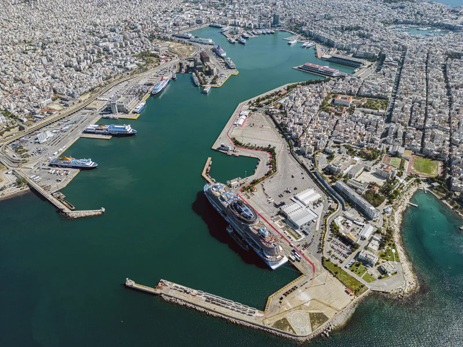 The harbour basin at Piraeus, the port that serves Athens, ringed by the town itself
