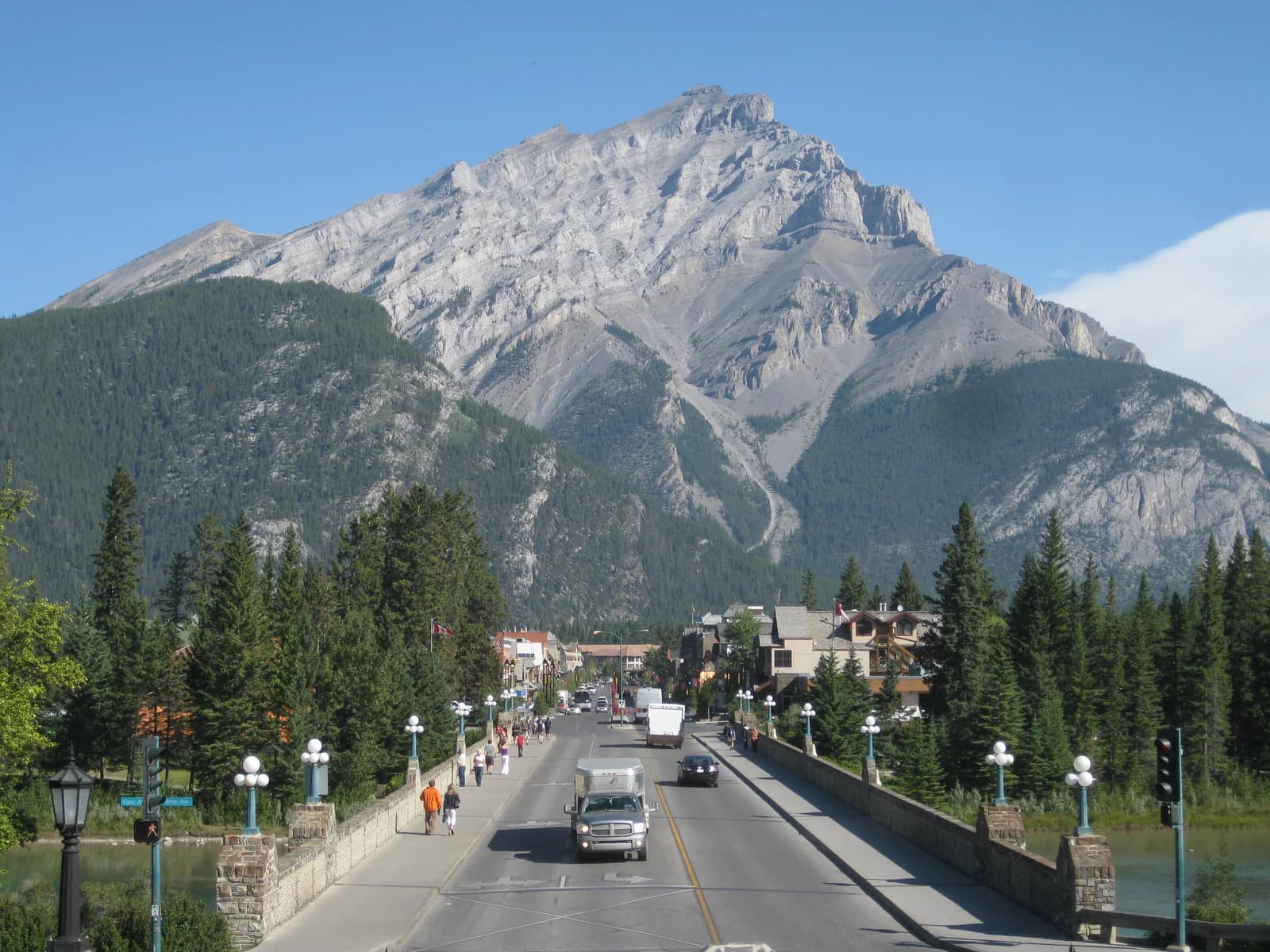 Banff Avenue running north to Cascade Mountain, the street almost every Banff hotel sits on