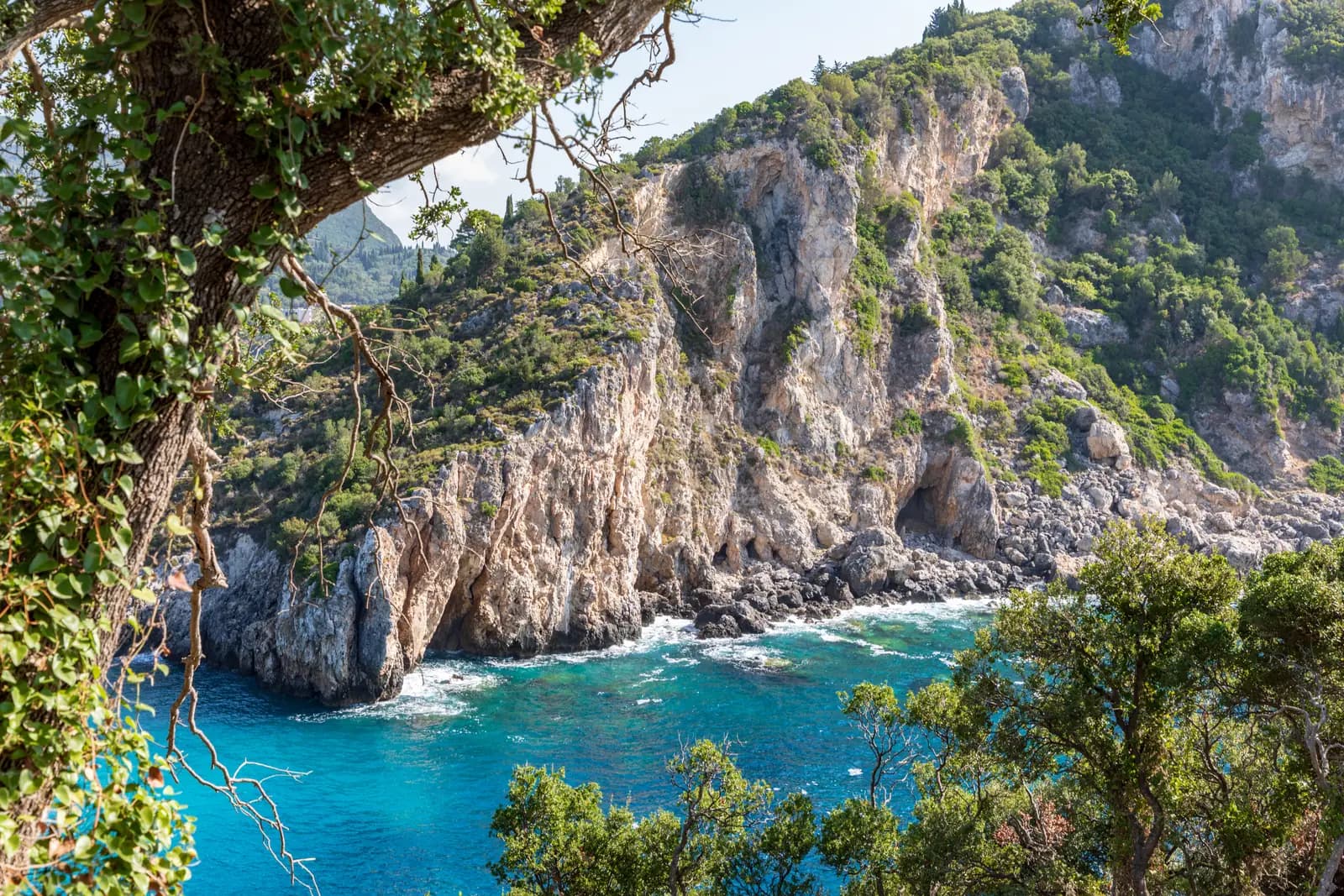 Limestone cliffs and turquoise water on the Paleokastritsa coast of north-west Corfu, seen through the trees