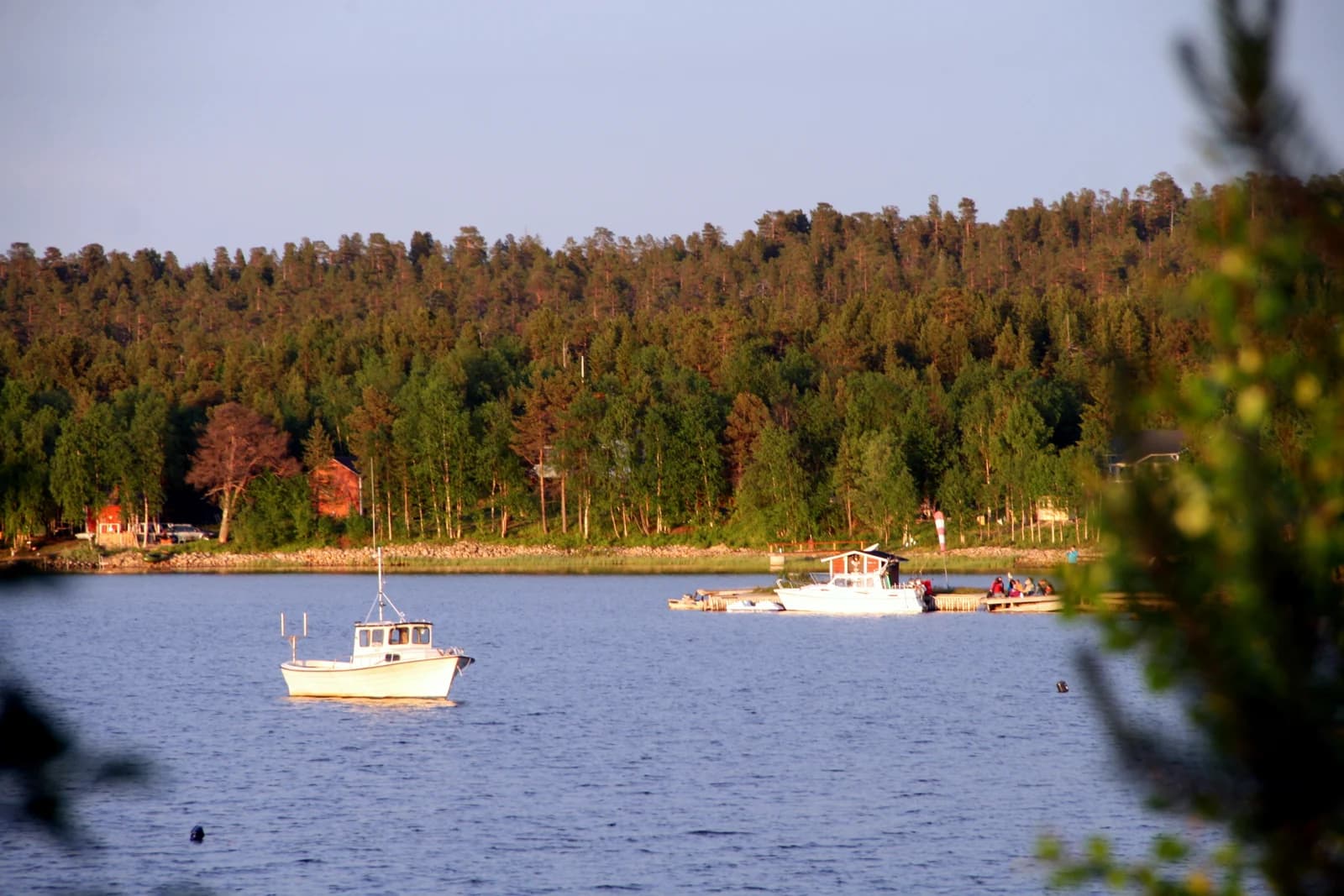 Small boats on Lake Inari backed by a dense pine forest shoreline in northern Finnish Lapland
