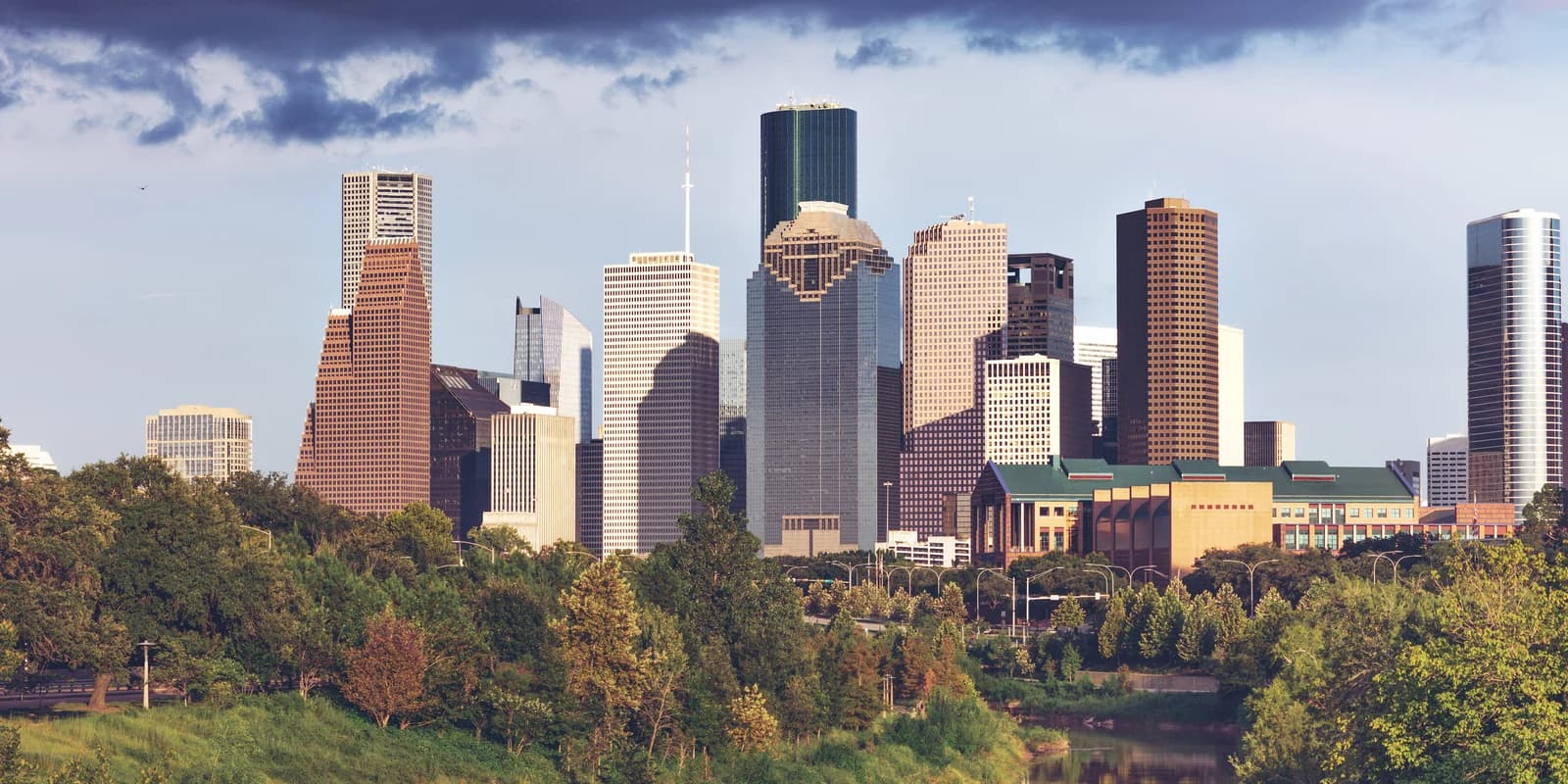 The downtown Houston skyline, the district where the city's rail-connected family hotels sit