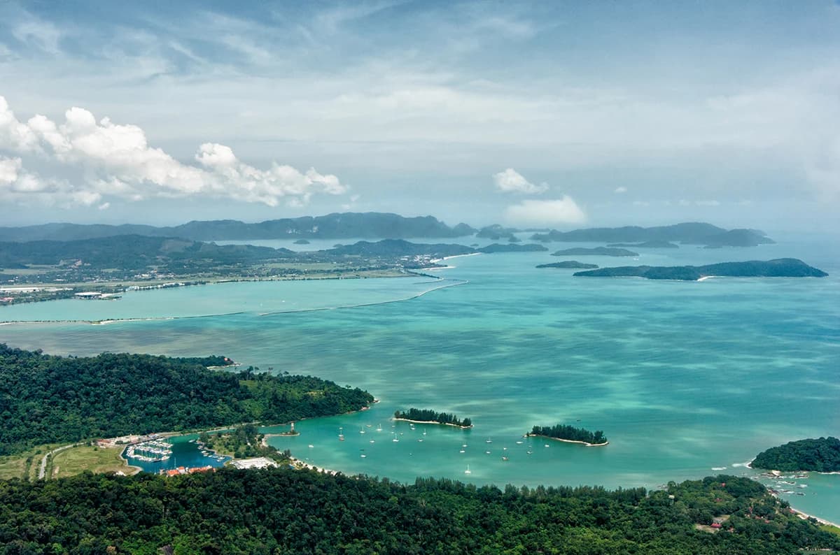 The west coast of Langkawi and its offshore islands seen from high above the island