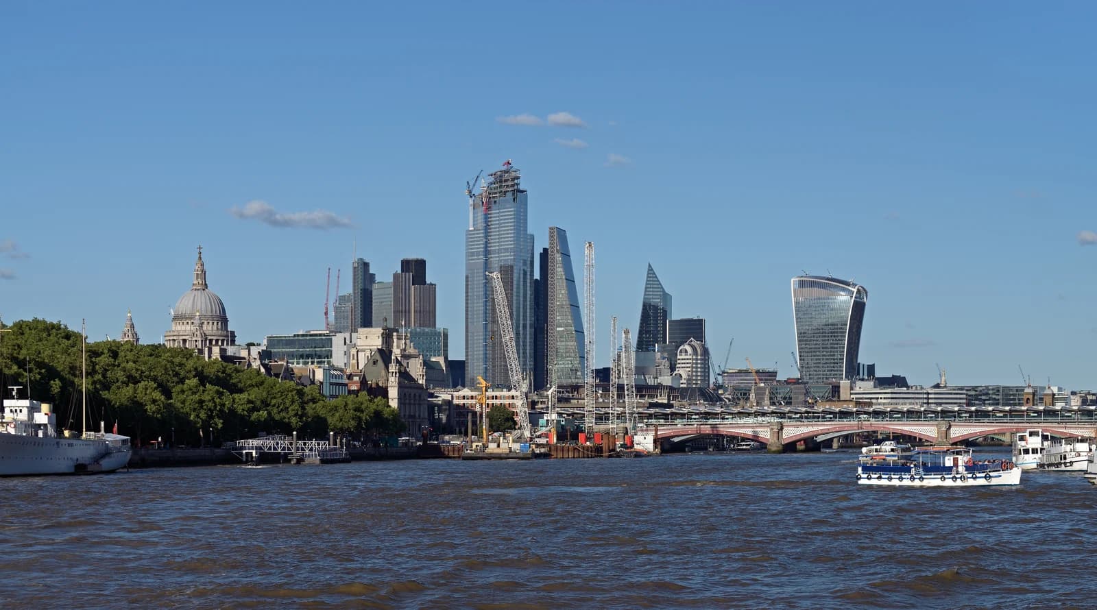 St Paul's Cathedral above the City of London seen from the Thames, with Blackfriars Bridge crossing the river in front of it