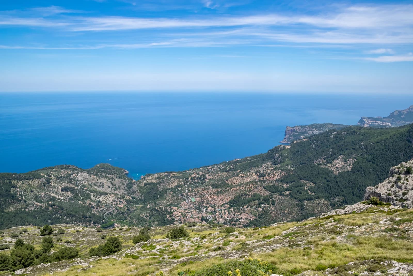 The Serra de Tramuntana falling to the sea on Majorca's north-west coast, seen from above Valldemossa
