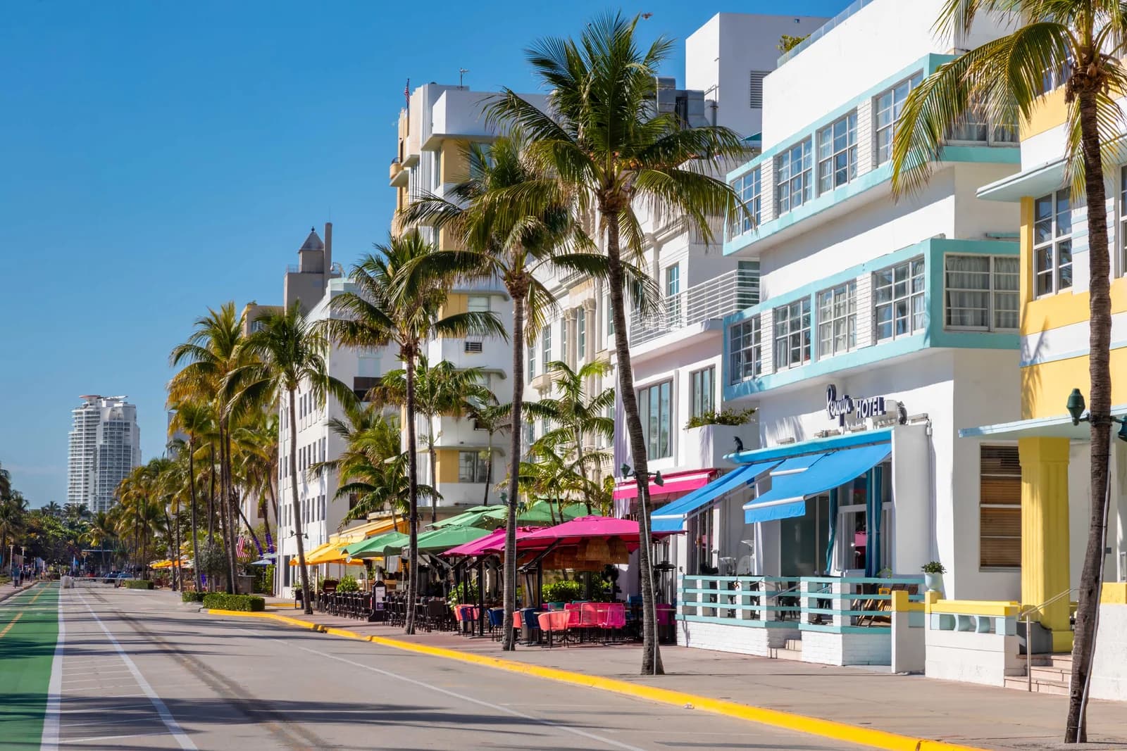 Art deco hotel frontages along Ocean Drive in Miami Beach, pastel facades and porches facing the street
