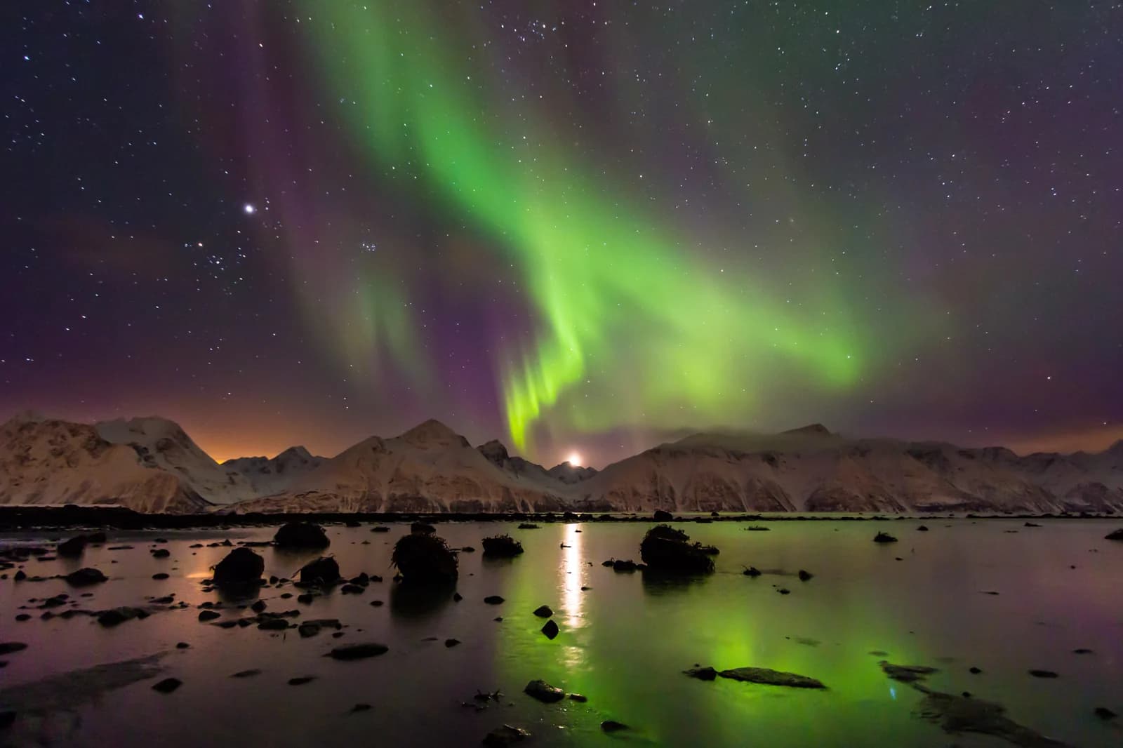 Northern lights reflected in the fjord below snow covered mountains at Djupvik in Kafjord