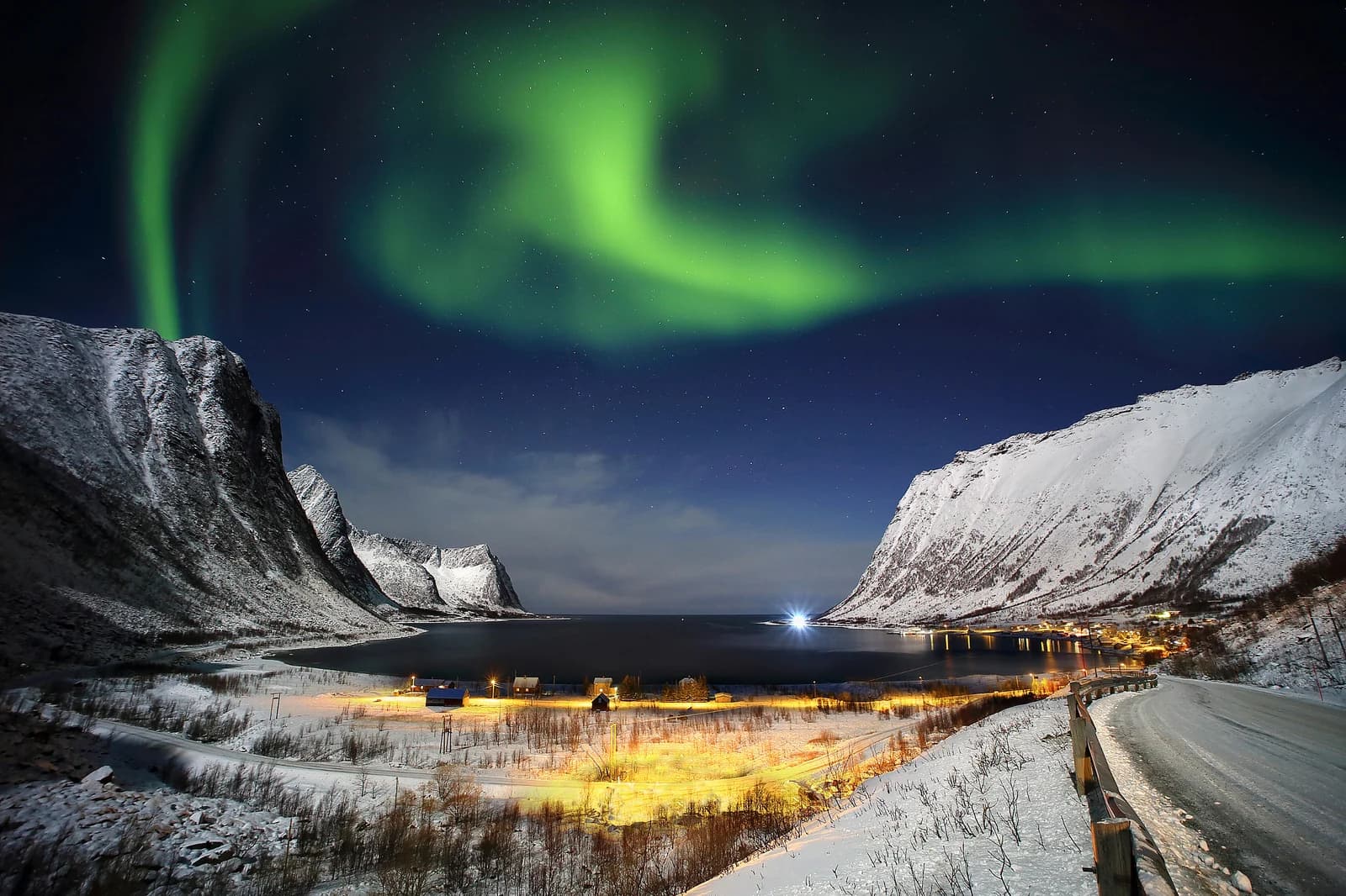 Green northern lights above the Steinfjord on Senja, with the coast road running below steep snowy peaks